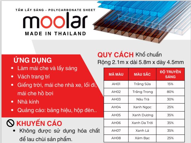 Kích thước và màu sắc tấm poly rỗng