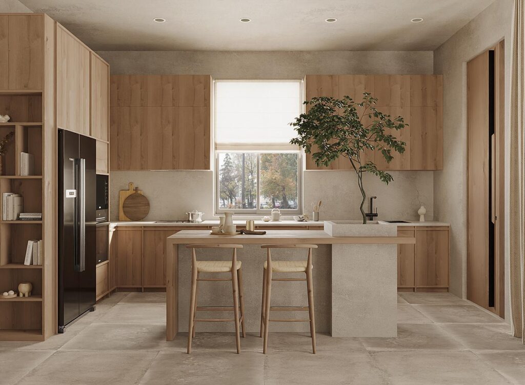 Phòng bếp và phòng ăn Wabi Sabi ấm cúng, mộc mạc và gần gũi.