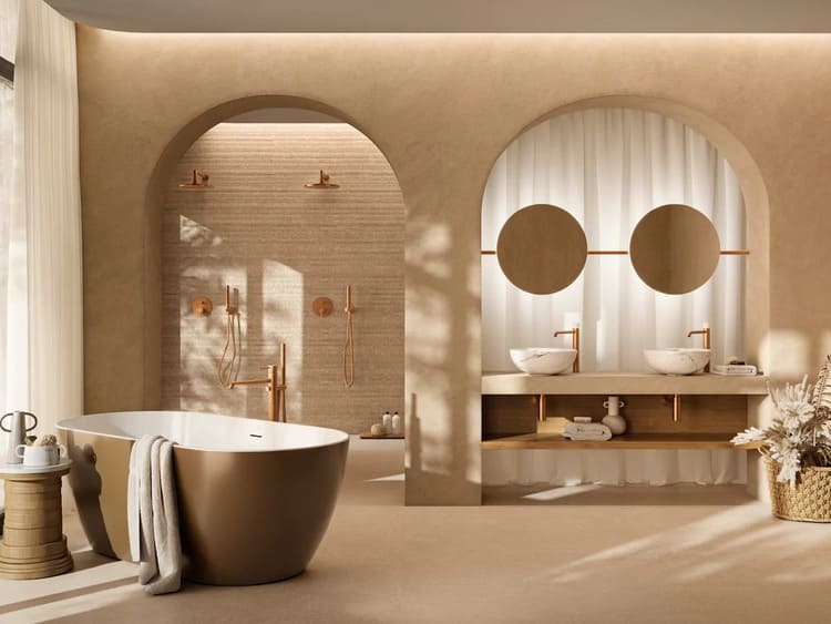 Phòng tắm Wabi Sabi mang lại cảm giác tĩnh tại và thư giãn tự nhiên.