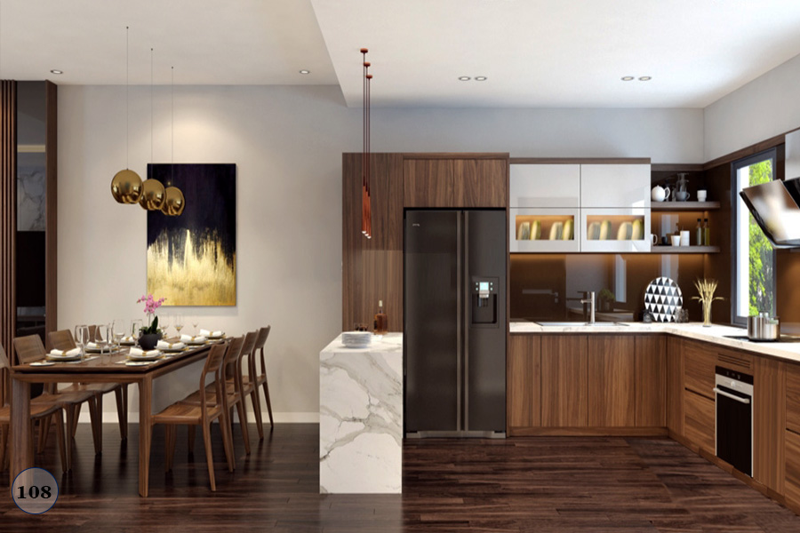 Sàn gỗ tự nhiên giúp phòng bếp thêm ấm cúng, sang trọng và bền bỉ trước độ ẩm.